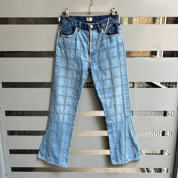 Jean Atelier Unique Grid Stitch Contrast Denim Flare Jeans Size 26 - Picture 2 of 8
